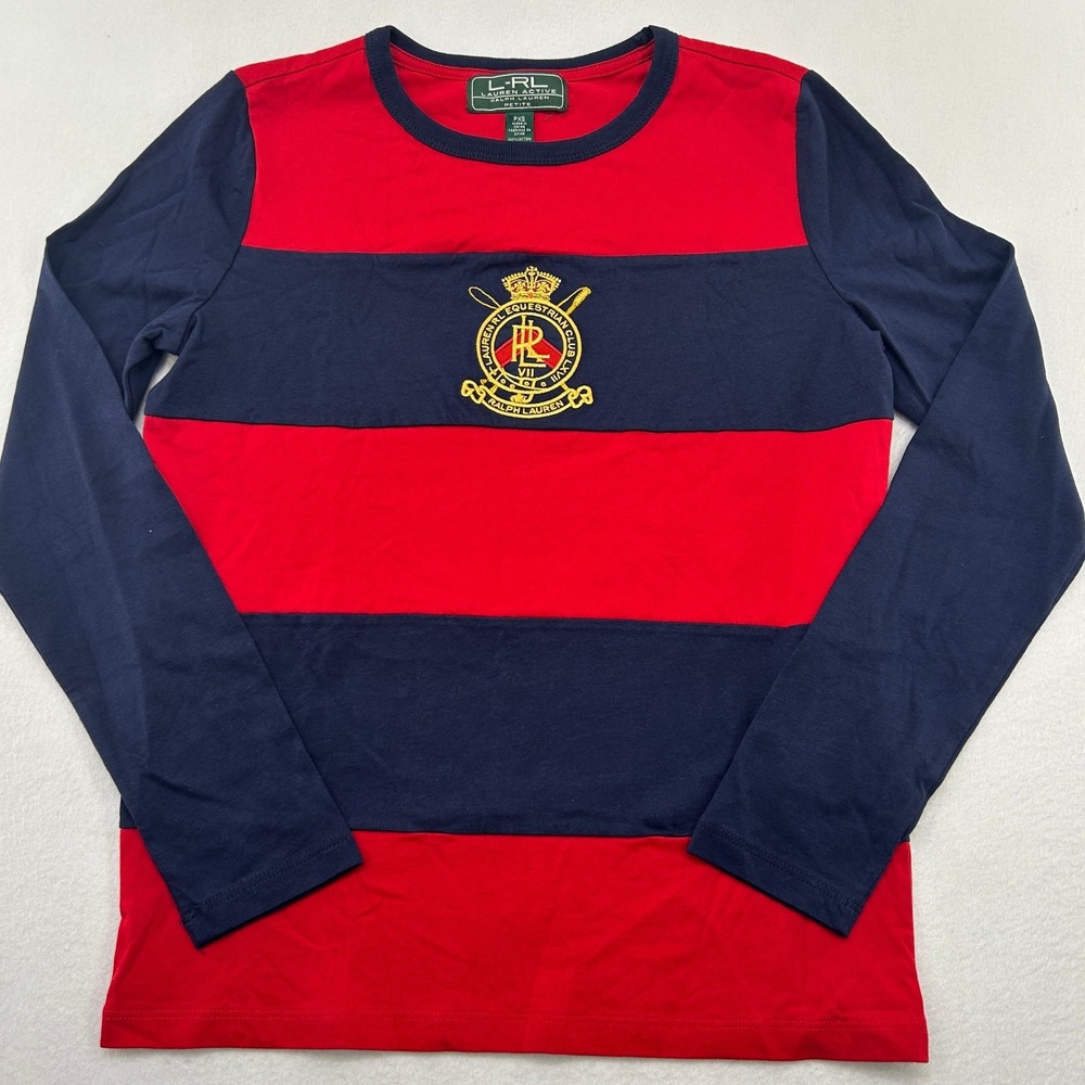 Lauren Ralph Lauren Active Red Navy Striped Equestrian Crest Long Sleeve Tee PXS